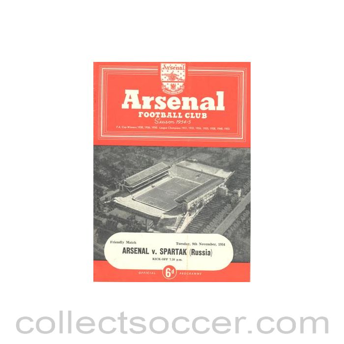 1954 - Arsenal v Spartak Russia official programme 09/11/1954 Friendly Match