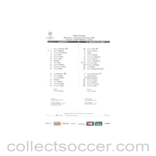 2009 - Arsenal v Standard Liege teamsheet 24/11/2009 Champions League