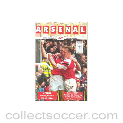 1994 - Arsenal v Torino official programme 15/03/1994 European Cup Winners Cup