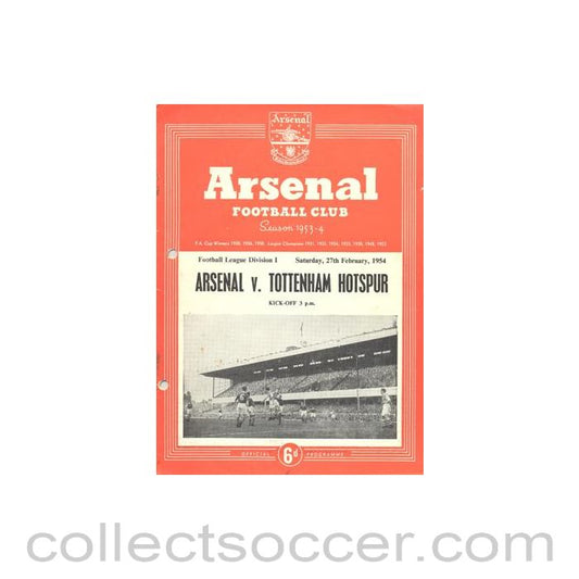 1954 - Arsenal v Tottenham Hotspur official programme 27/02/1954, half price