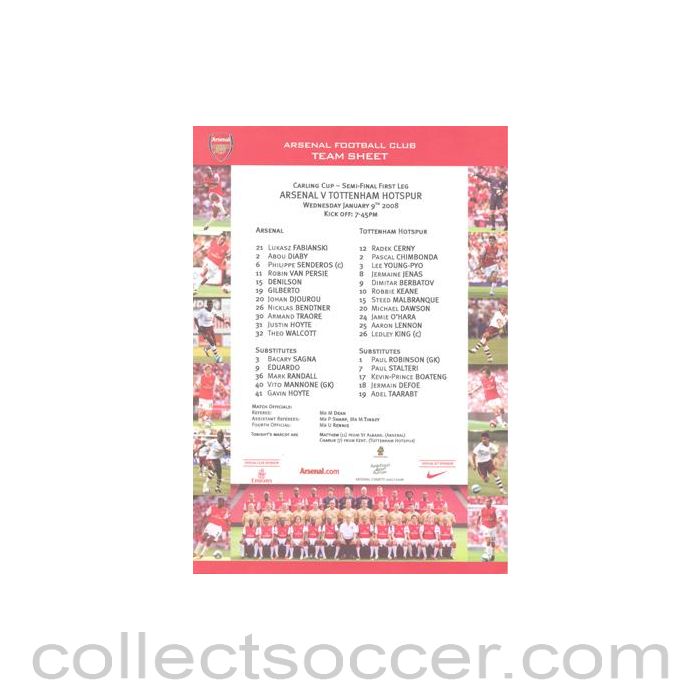 2008 - Arsenal v Tottenham Hotspur official colour teamsheet 09/01/2008 Carling Cup Semi-Final 1st Leg