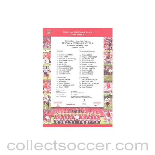 2008 - Arsenal v Tottenham Hotspur official colour teamsheet 09/01/2008 Carling Cup Semi-Final 1st Leg