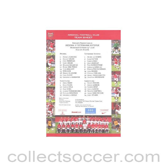 2008 - Arsenal v Tottenham Hotspur colour printed teamsheet 29/10/2008