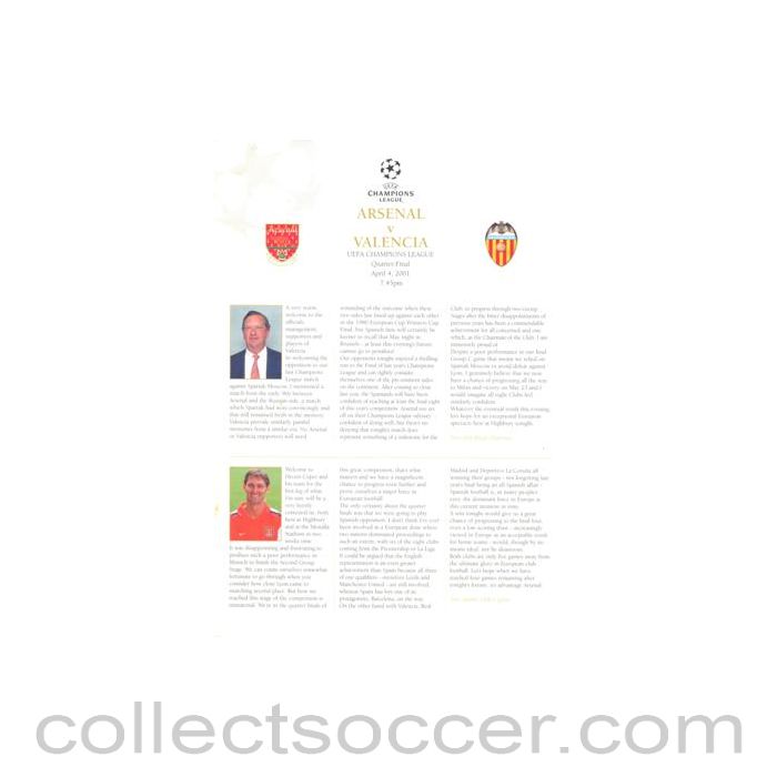 2001 - Arsenal v Valencia official VIP programme 04/04/2001 Champions League