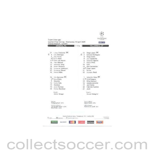 2009 - Arsenal v Villarreal official teamsheet 15/04/2009