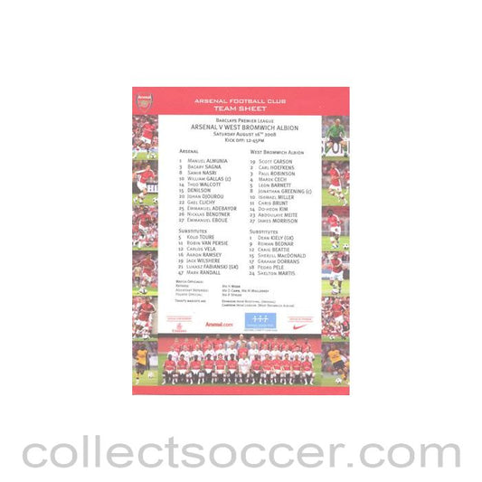 2008 - Arsenal v West Bromwich Albion official colour teamsheet 16/08/2008 Premier League