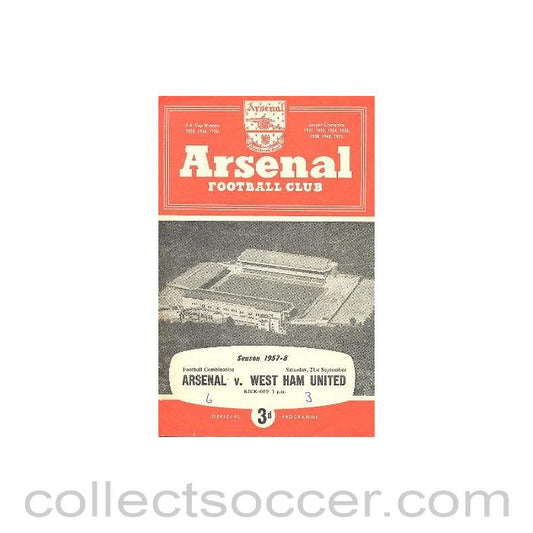 1957 - Arsenal Reserves v West Ham United Reserves official programme 21/09/1957