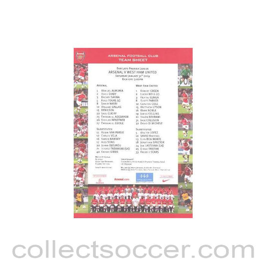 2009 - Arsenal v West Ham United official colour printed teamsheet 31/01/2009