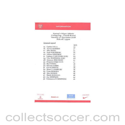 2008 - Arsenal v Wigan Athletic Arsenal produced colour printed press pack with biographies of players 11/11/2008