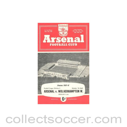 1958 - Arsenal v Wolverhampton Wanderers official programme 07/04/1958