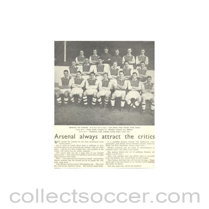 Newspaper cutting - article titled "Arsenal Always Attract the Critics" and a team photograph titled "Arsenal on Parade"