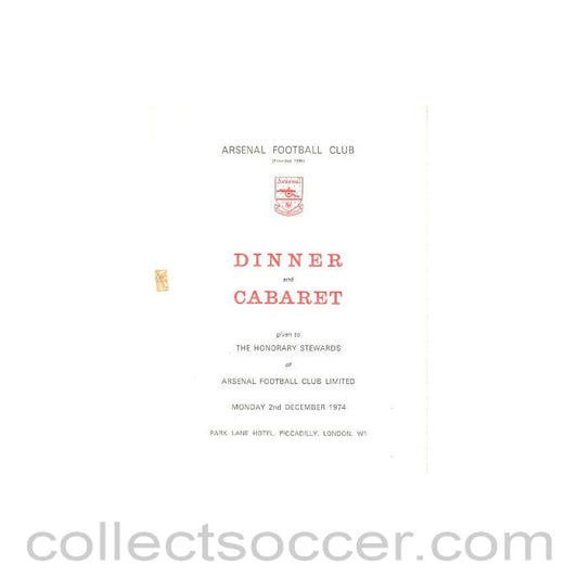1974 - Arsenal - Dinner & Cabaret to The Honorary Stewards of Arsenal FC menu 02/12/1974