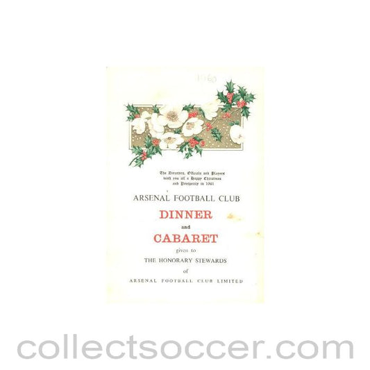 1960 - Arsenal - Dinner & Cabaret to The Honorary Stewards of Arsenal FC menu with ribbon 08/12/1960
