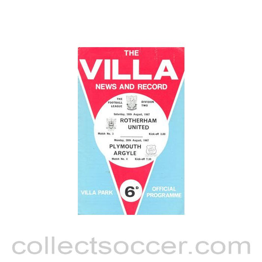 1967 - Aston Villa v Rotheham United 26/08/1967 and v Plymouth Argyle 28/08/1967 official programme Football League