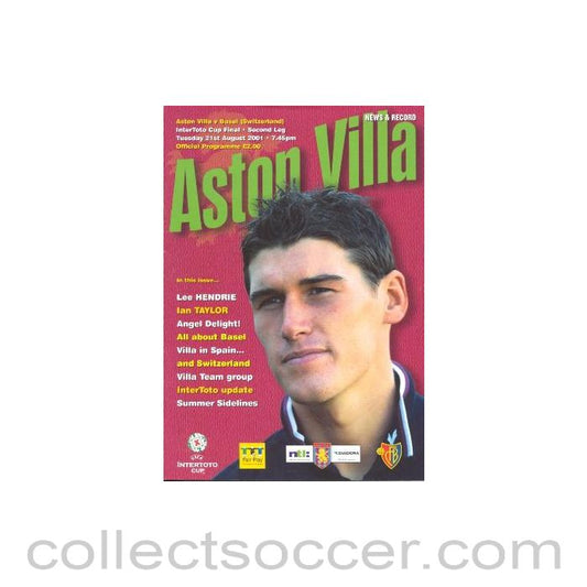 2001 - Aston Villa v Basel, Switzerland official programme 21/08/2001 Intertoto Cup