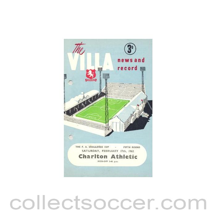 1962 - Aston Villa v Charlton Athletic official programme 17/02/1962 F.A. Cup