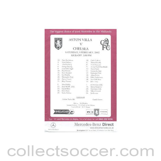 2002 - Aston Villa v Chelsea official colour printed teamsheet 09/02/2002