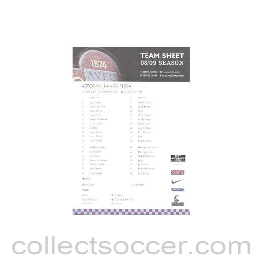 2009 - Aston Villa v Chelsea official colour printed teamsheet 21/02/2009
