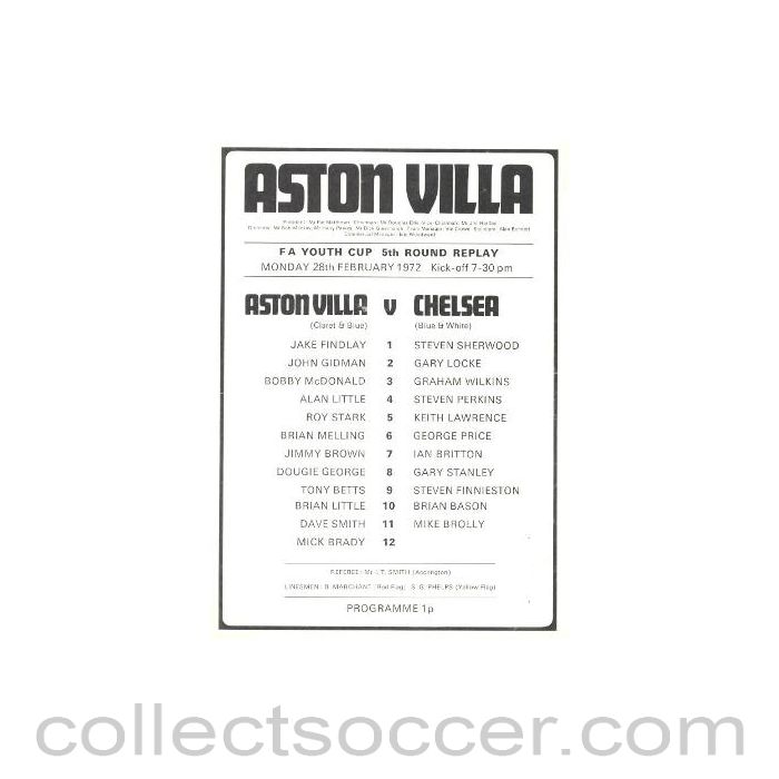 1972 - Aston Villa vChelsea official programme 28/02/1972 Youth Cup Replay