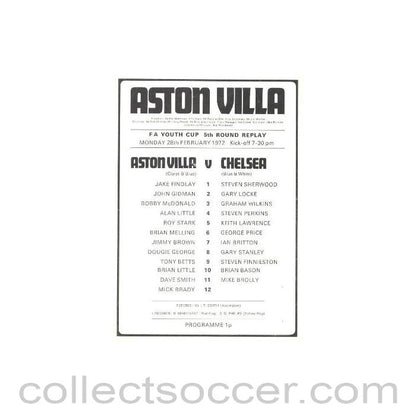 1972 - Aston Villa vChelsea official programme 28/02/1972 Youth Cup Replay