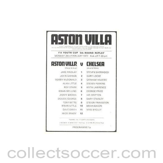 1972 - Aston Villa vChelsea official programme 28/02/1972 Youth Cup Replay