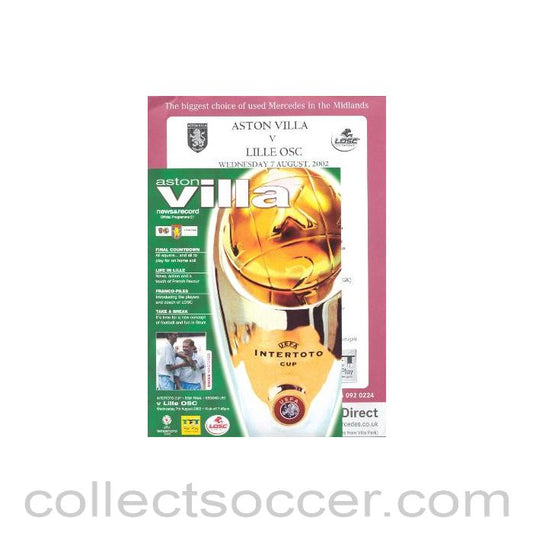 2002 - Aston Villa v Lille official programme 07/08/2002 Intertoto Cup Semi-Final Second Leg, with a teamsheet