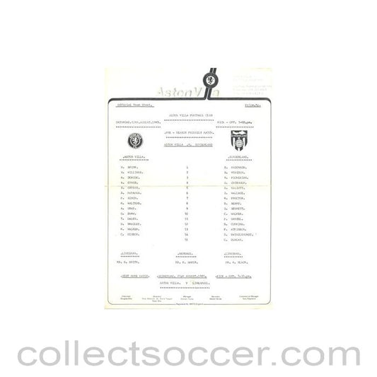 1985 - Aston Villa v Sunderland official teamsheet 10/08/1985 Pre-Season Friendly Match