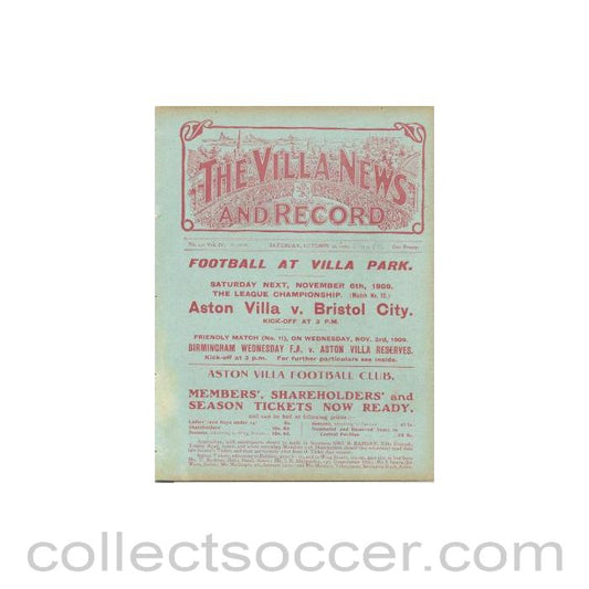 1909 - Aston Villa Reserves v Birmingham Reserves official programme 30/10/1909