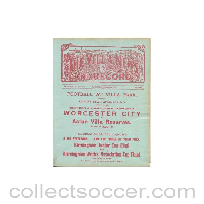 1910 - Aston Villa Reserves v Burton United Reserves official programme 16/04/1910