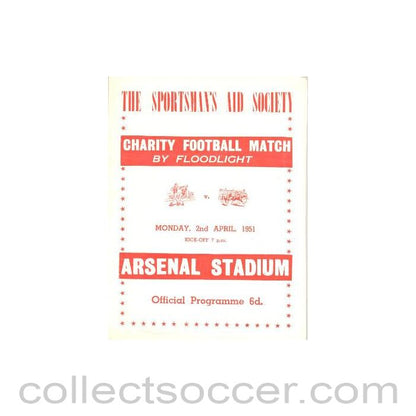 1951 - At Arsenal - Charity Football Match by Floodlight - Boxers v Jockeys official programme 02/04/1951
