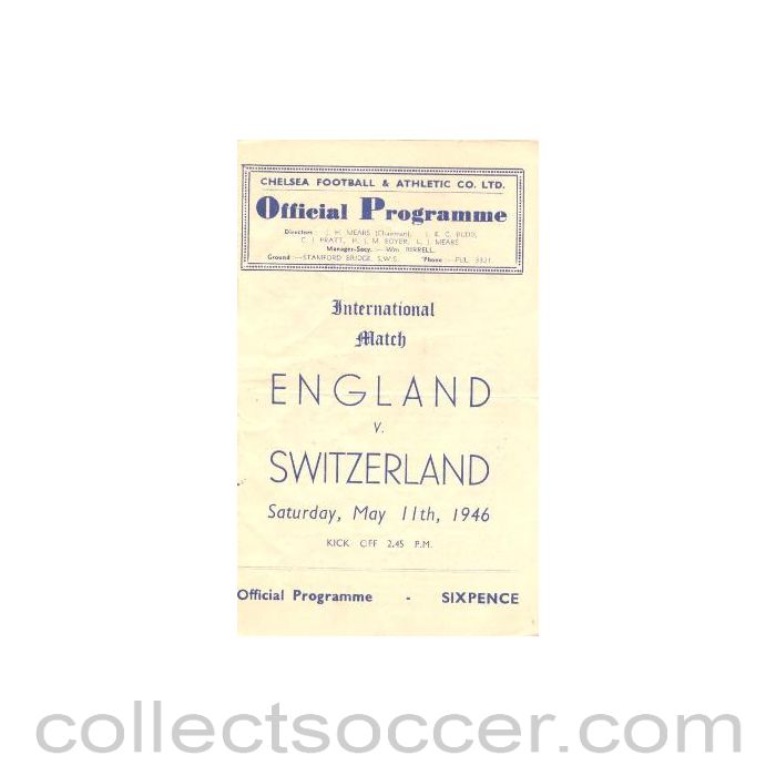 1946 England v Switzerland official programme 11/05/1946 At Chelsea
