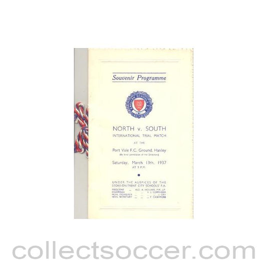 1937 - At Port Vale - English Schools North v South International Trial Match 13/03/1937