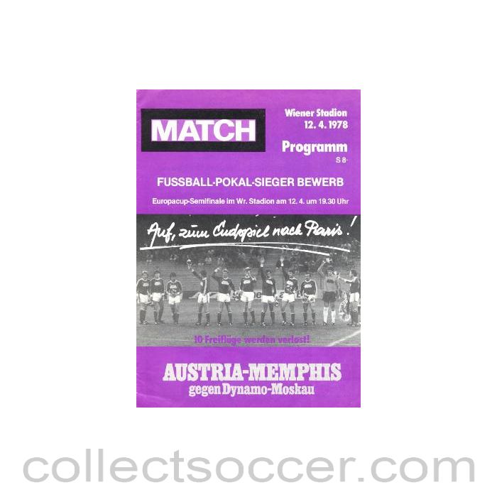 1978 European Cup Winners Cup Semi-Final Austria Memphis v Dynamo Moscow official programme