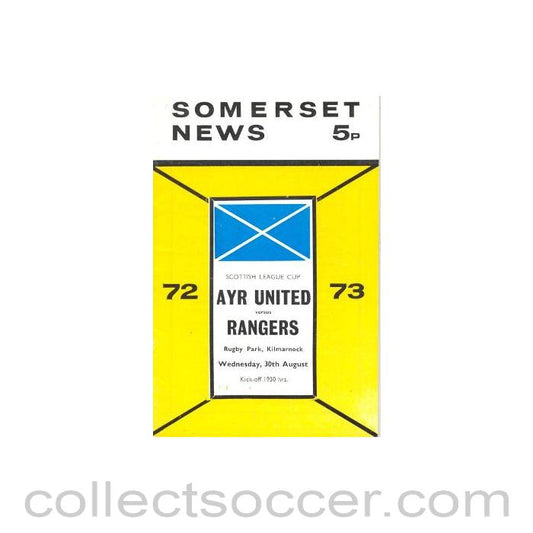 1972 - Ayr United v Glasgow Rangers official programme 30/08/1972 Scottish League Cup