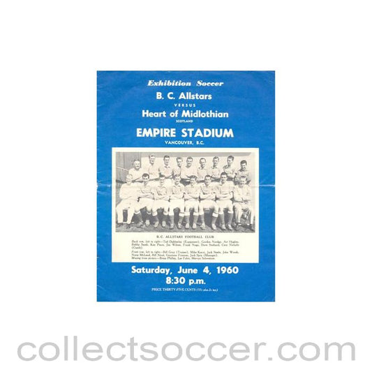 1960 - In Vancouver - B.C. All-Stars v Heart of Midlothian official programme 04/06/1960
