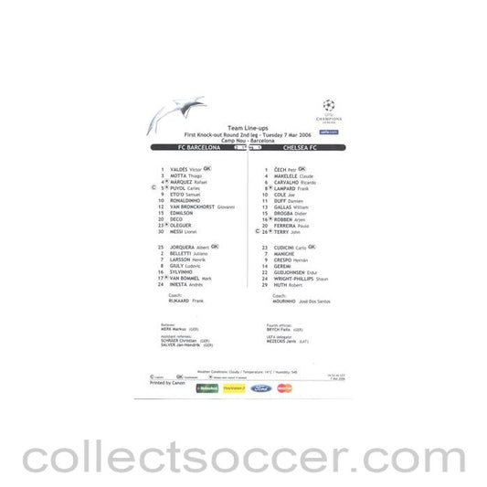 2006 - Barcelona v Chelsea official colour teamsheet 07/03/2006 Champions League