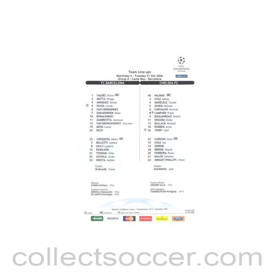 2006 - Barcelona v Chelsea official colour teamsheet 31/10/2006 Champions League