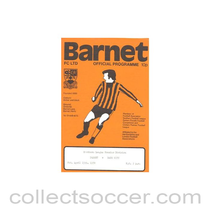1978 - Barnet v Bath City official programme 15/04/1978 Southern League Premier Division