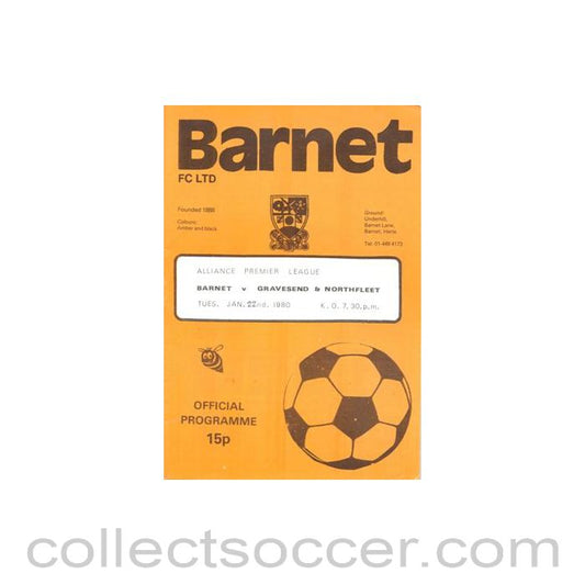 1980 - Barnet v Gravesend & Northfleet official programme 22/01/1980 Alliance Premier League