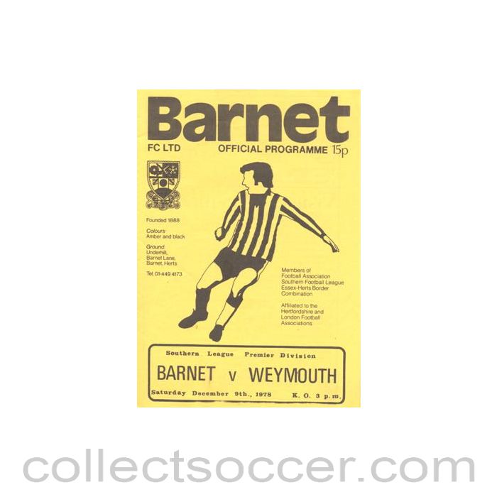 1978 - Barnet v Weymouth official programme 09/12/1978 Southern League Premier Division