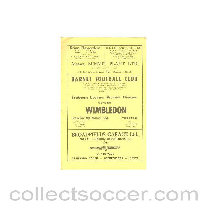 1968 - Barnet v Wimbledon Southern League Premier Division official programme 09/03/1968