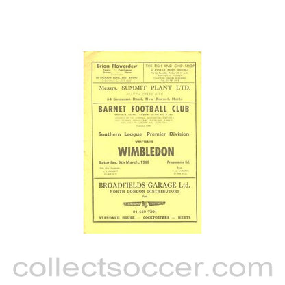 1968 - Barnet v Wimbledon Southern League Premier Division official programme 09/03/1968
