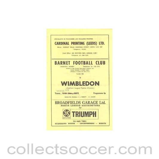 1972 - Barnet v Wimbledon official programme 14/03/1972