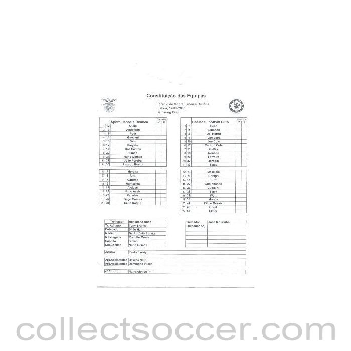 2005 - Benfica v Chelsea official teamsheet 17/07/2005