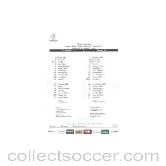 2012 - Benfica v Chelsea Team Line-Ups Teamsheet 27/03/2012 Champions League