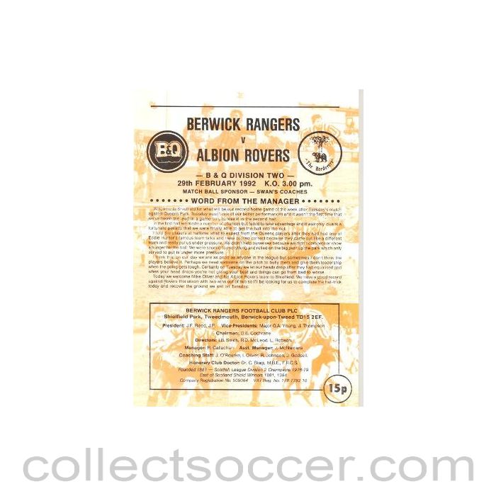 1992 - Berwick Rangers v Albion Rovers official programme 29/02/1992 Scottish League