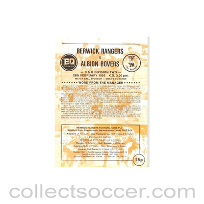 1992 - Berwick Rangers v Albion Rovers official programme 29/02/1992 Scottish League