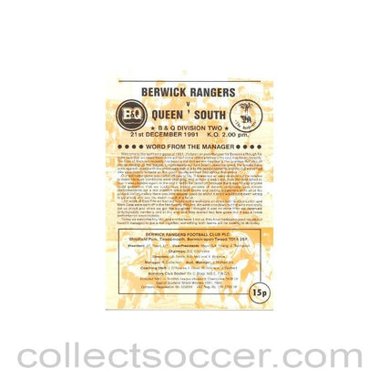 1991 - Berwick Rangers v Queen of the South official programme 21/12/1991 Scottish League