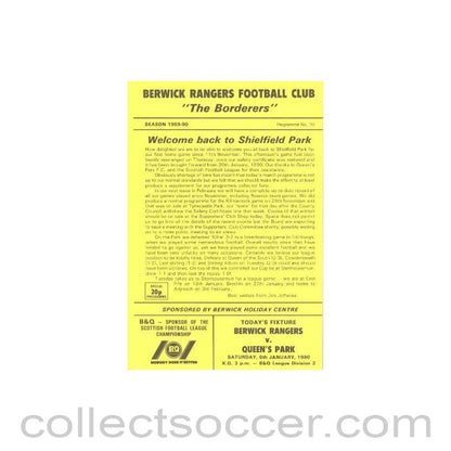 1990 - Berwick Rangers v Queen's Park official programme 06/01/1990 Scottish League