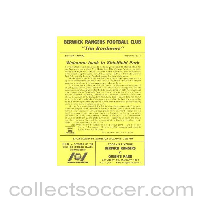 1990 - Berwick Rangers v Queen's Park official programme 06/01/1990 Scottish League